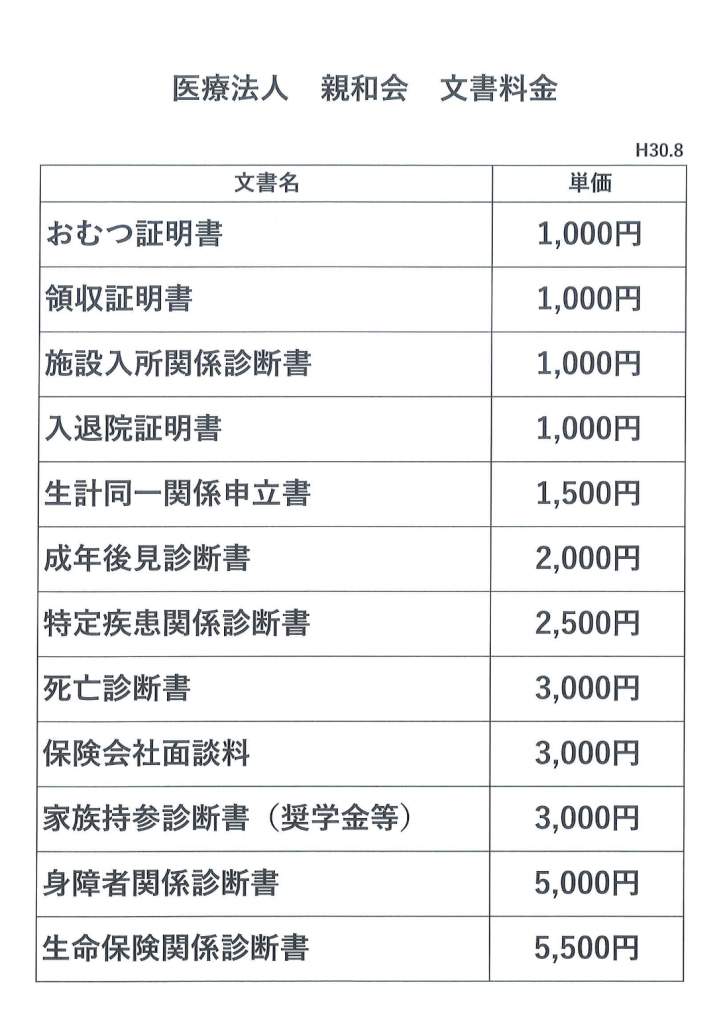 医療法人親和会文書料金について